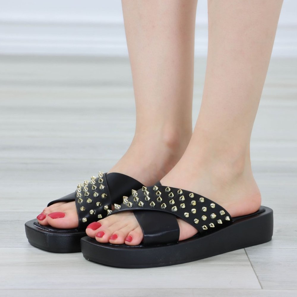 Black Sliders Slip On Sandals Faux Leather Gold Metal Stud Criss Cross - Picture 11 of 12